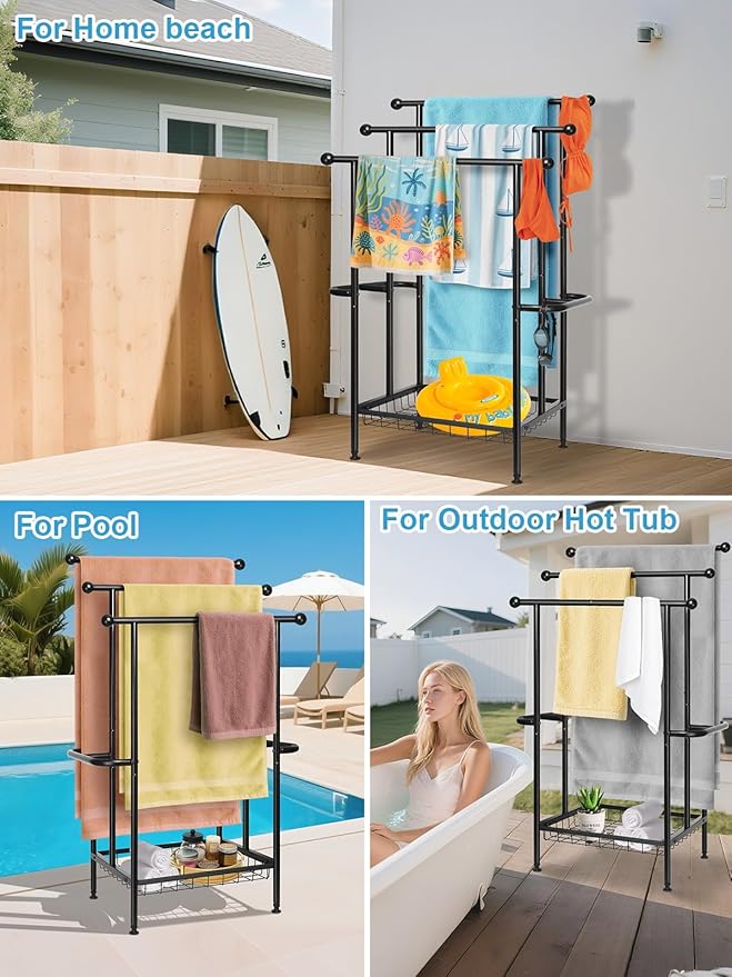 Haturi Free Standing Towel Rack for Bathroom, 39" Black 3-Tier Rust-Resistant Outdoor Towel Drying Rack for Pool, Metal Blanket Rack Holder with Storage Basket for Oversized Bath Towels