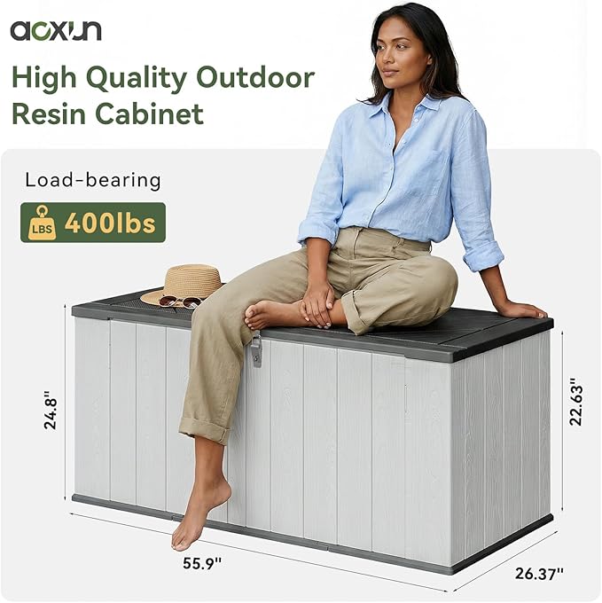 Aoxun 160 Gallon Resin Large Outdoor Storage Box, Horizontal Storage Sheds 21 Cu.ft, Waterproof Lockable Deck Box with Spring-Assisted Lid, Patio Storage for Garden, Pool, Cushions, Tools, White