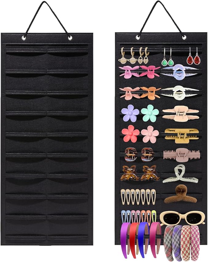 Hanging Hair Claw Clips Organizer, 31.4 x 12 inch Hair Clip Organizer for Women for Closet and Wall Option for Fashion Lovers and Home Organizers (Black)