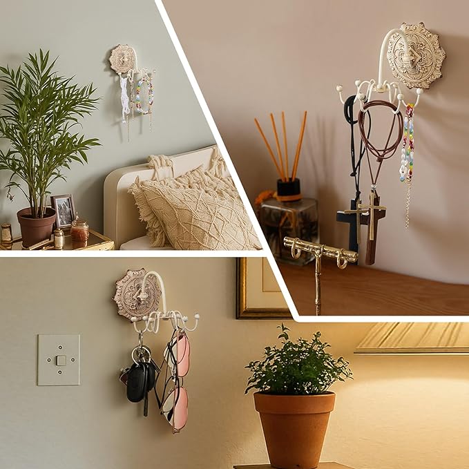 Tondiamo 1 Pcs Wall Mounted Jewelry Organizer Shabby Wall Decor Vintage Jewelry Organizer 6 Rotatable Hooks Include Screws for Women Necklace Bracelet Earring Hat Gift