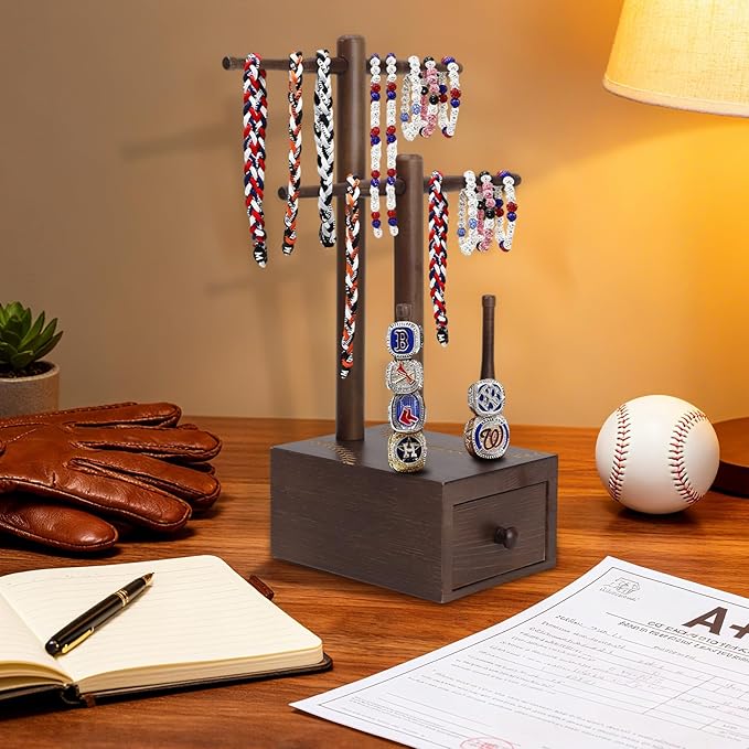 Baseball Necklace Holder and Ring Display with Storage, Wooden Softball Ring Holder Organizer for Championship Jewelry, baseball player gifts