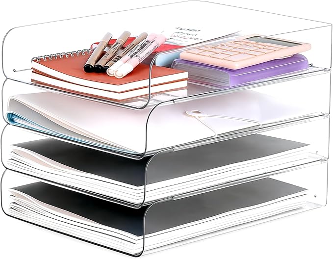 Set of 4 Office Organization and Storage, Clear PET Letter Tray Desk Organizer, Stackable Document Organizer and File Paper Organizer for Office Supplies