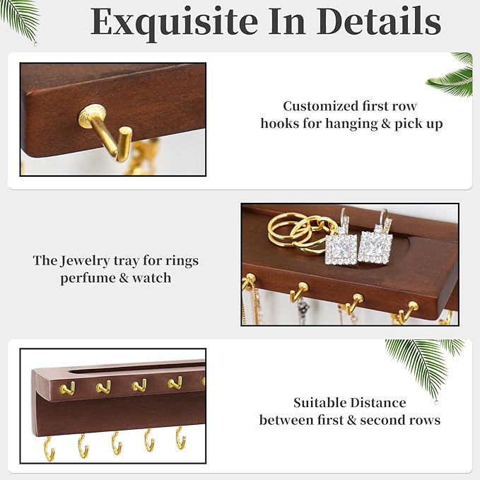 Necklace Holder, Upgraded Extra Large Wall Necklace Organizer with 30 Hooks Wall Mounted Necklace Hanger with Jewelry Tray/Cosmetics Shelf Rustic Pine Wood Holder (Walnut)