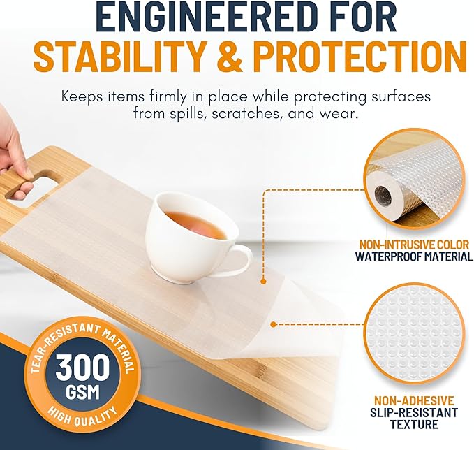 Shelf Liner Drawer Liner for Kitchen Cabinets Non-Adhesive by Linda’s Essentials (12 x 60 Inches) - Non-Slip Easy Clean Kitchen Cabinet and Cupboard Protector, Waterproof Mat, Clear Roll