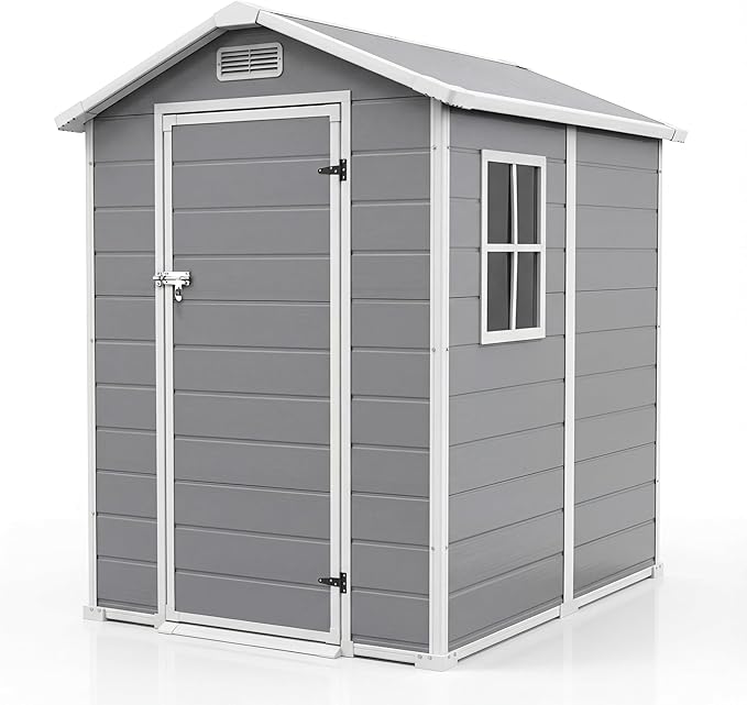 4x6 FT Outdoor Storage Shed with Floor, Plastic Resin Garden Shed with Window & Sloping Roof & Lockable Door for Patio Backyard Garden, Lawn Mower, Bike, Tool Storage