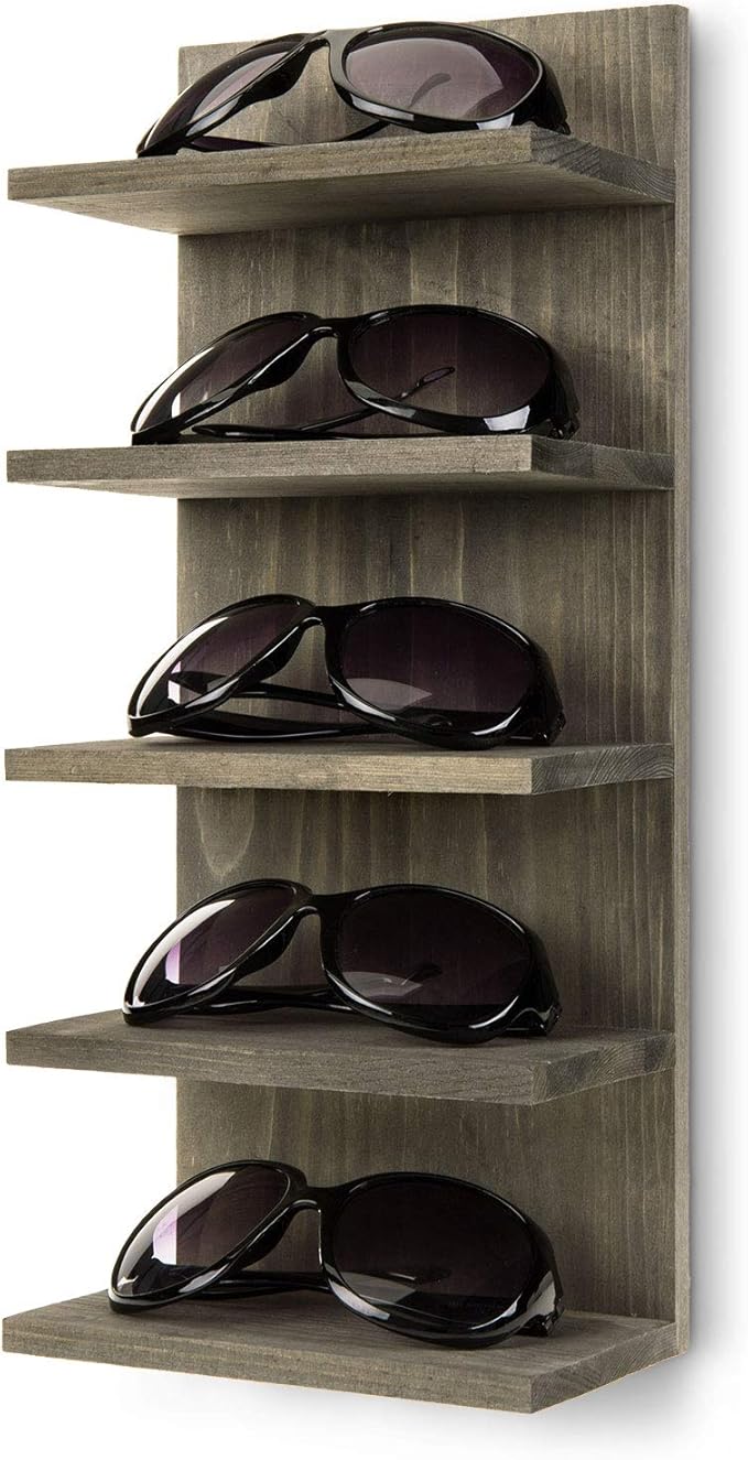 MyGift 5 Tier Vintage Gray Solid Wood Sunglasses Holder Rack, Wall Mounted Eye Glasses Shelf or Tabletop Display Stand, Retail Eyewear Showcase Storage Organizer