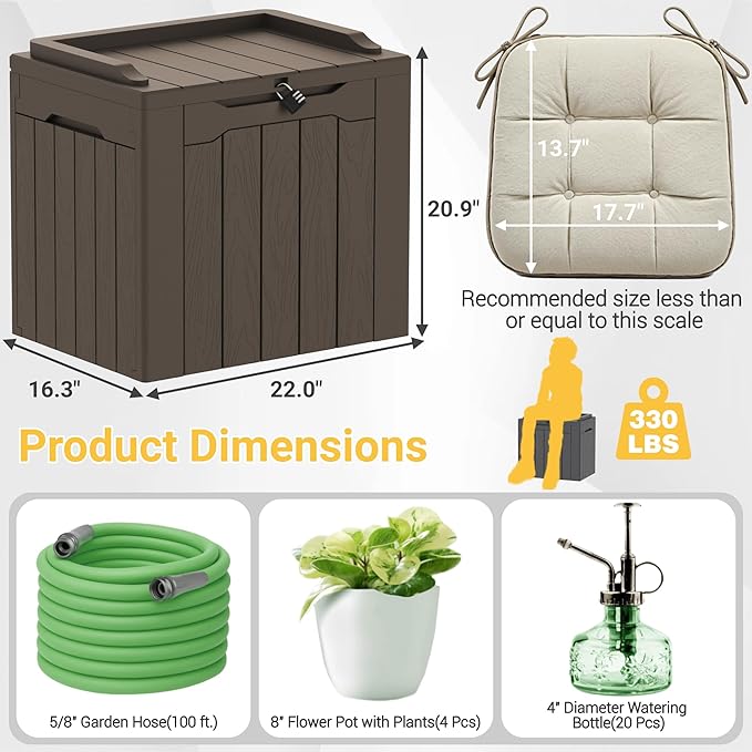 Greesum Outdoor Storage Box 31 Gallon Storage Box with Lid for Patio Furniture, Garden Tools, Pool Supplies, Waterproof and UV Resistant, Lockable, Dark Brown