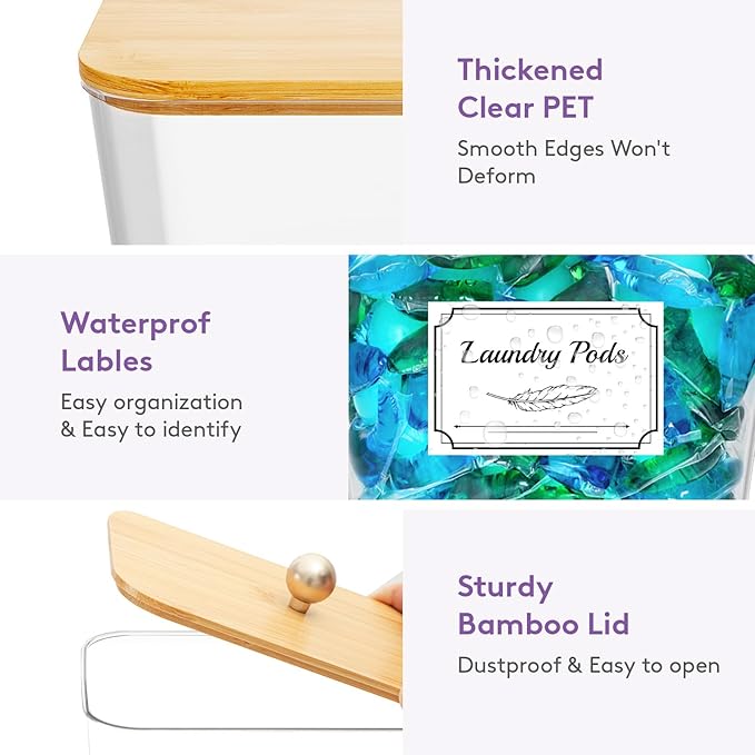 Lifewit Large Laundry Pods Container& Dryer Sheet Holder, Laundry Storage Containers, Laundry Room Organization Storage Jars for Powder, Scent Booster Beads,Bamboo Lid,0.53+0.7 gal,3 Pcs