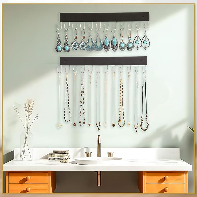 Hanging Jewelry Organizer, 2 Pack Black Necklace Holder for Wall Wooden Necklace Organizers Hangers Wall Mount with 24 Hooks Jewelry Display Hanger for Necklaces, Bracelets, Earrings, Keys