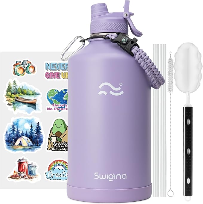 [2-IN-1 LID] Gallon Insulated Water Bottle with Silicone Boot (48hrs Cold/24hrs Hot) - DIY Stickers, Leakproof, BPA Free, 128 oz