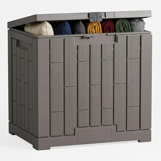 Outdoor Storage Box, 30 Gallon Resin Waterproof Deck Box, Lockable, Built-in Handle, Outside Storage Container for Patio, Garden and Garage