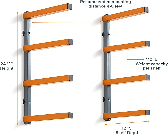 BORA Wood Storage Rack Wall Mount - Heavy Duty Lumber Storage Rack System for Garage Organization - 4-Level Workshop Organizer for Lumber, Pipes & Tools - 440lb Capacity Orange & Grey PBR-0410