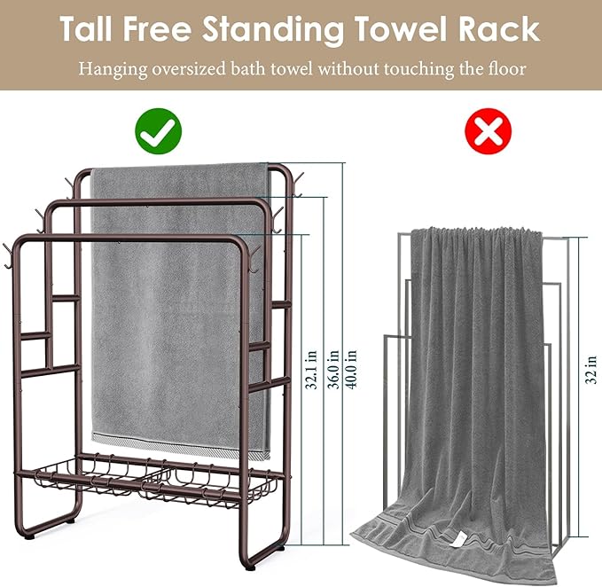 40" H Free Standing Towel Rack with 2 Storage Baskets & 6 Hooks, 3 Tier Silver Metal Towel Stand for Extra Large Towel, Modern Industrial Blanket Ladder Display and Drying Rack for Bedroom Bathroom