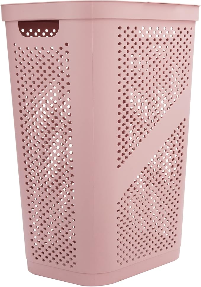 Mind Reader Slim Laundry Hamper with Lid, 60L Clothes Basket, Ventilated Plastic, Pink