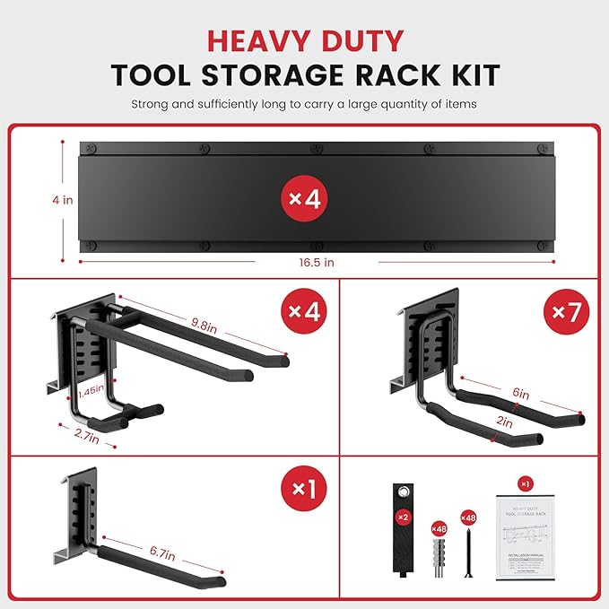 66" Heavy Duty Wall Mounted Garage Tool Organizer – 4 Panels & 12 Adjustable Hooks, 920 lbs Load Capacity, Modular Storage for Efficient Tool Organization, Easy Install in Garage, Garden, 18 Pack