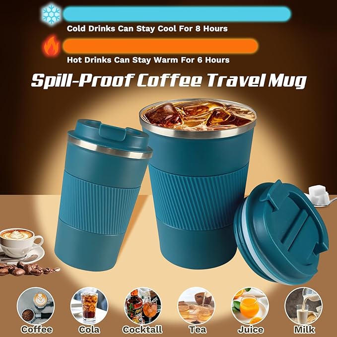 Vacuum-Insulated Stainless Steel Travel Coffee Mug, Leak-Proof Reusable Coffee Cup with Lid - Keep Hot & Cold Drinks for Hours, Durable Insulated Tumbler for Men & Women(3rd-Blue, 12OZ)