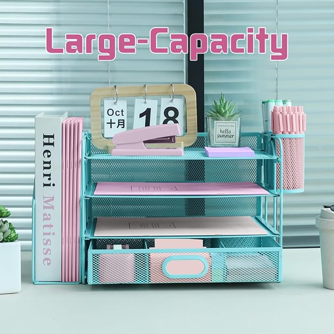 Desk Organizers and Accessories with File Holder, 4-Tier Paper Letter Tray Organiser with Drawer and 2 Pen Holder, Mesh Desktop Document Organizer for Office Supplies, Workspace - Blue