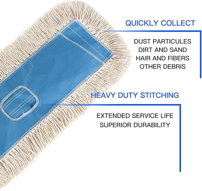Matthew Cleaning 36'' Industrial Strength Cotton Dust Mop Refill Washable Replacement Heads for Residential & Commercial Use Fit Standard Dust Mop Frames, Hardwood, Concrete Floors Blue&White 3 Pack
