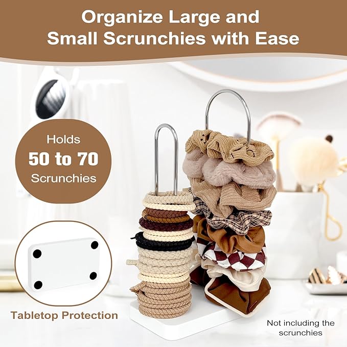 2-Tier Hair Tie Organizer, Modern Scrunchies Storage Tower Holds 30-50 Hair Accessories, Claw Clip Holder, Fashion Countertop Display Stand for Women & Girls(White)