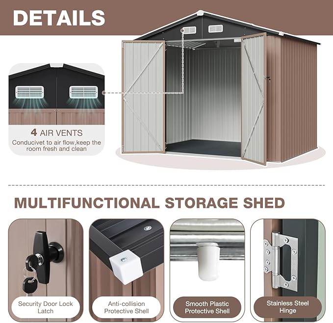 Aoxun Outdoor Storage Shed with Floor - 8x6 FT Metal Shed with Lockable Doors & Air Vents, Waterproof Outside Storage Shed for Tool, Garbage Can, Bike, Mower, for Backyard Garden Patio, Brown
