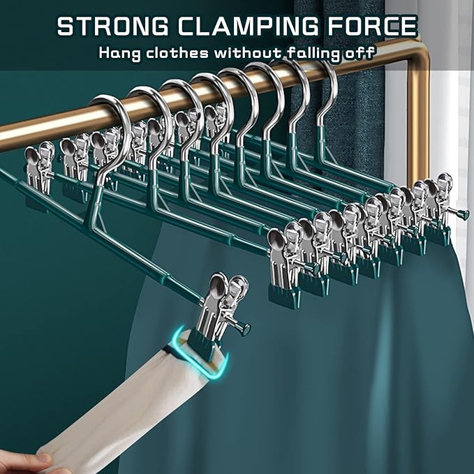 Pants Hangers with Clips 20 Pack Adjustable Skirt Hangers for Women Non-Slip Trousers Hanger for Jeans Clothes Hangers for Pants Heavy Duty Space Saving Shorts Hangers,Green,12Inch