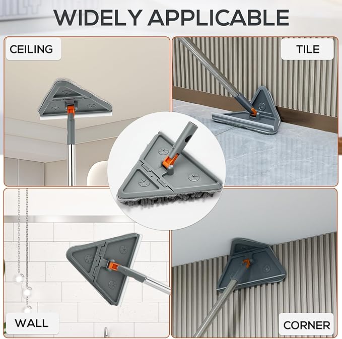 Base Board Cleaner Tool with Handle,360°Rotating Wall Cleaner Mop,180° Folding Ceiling Tool Duster with Squeegee for Cleaning Wall, Ceiling, Window,Floor,8 Replacement Cleaning Pads