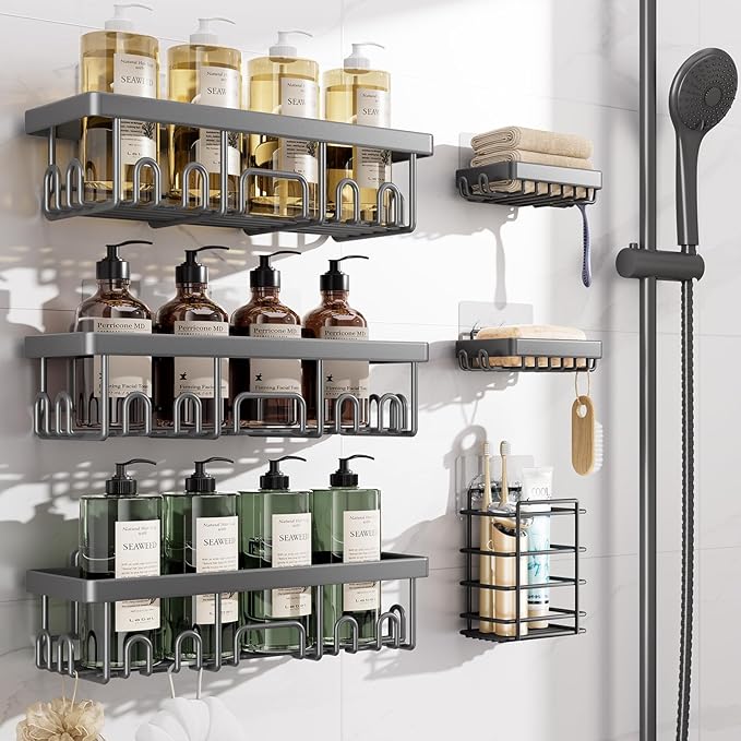 Veken Rustproof & Waterproof Shower Caddy 6-Pack, No Drilling Adhesive Shelves Rack with Soap Holder, Large Capacity Bathroom Organizers and Storage, Wall-Mounted Kitchen & Home Decor, Dark Grey