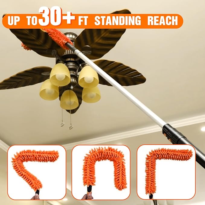 36FT High Reach Duster Cleaning Kit with Extension Pole, High Ceiling Fan Cleaner Duster Tool for Fan Blades, Window Washing Kit with Microfiber Feather Duster & Window Squeegee & Bucket