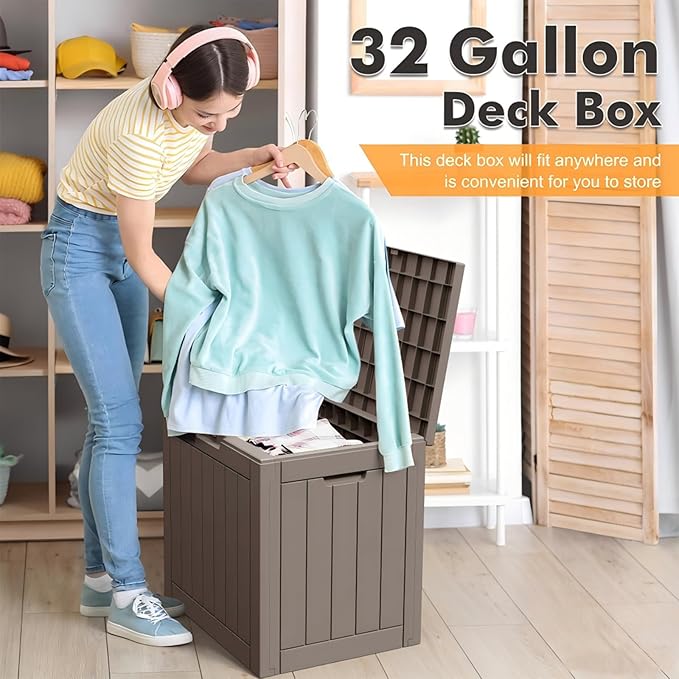 32 Gallon Outdoor Storage Box, Resin Deck Boxes Outdoor Waterproof For Patio Furniture, Garden Tools, Pool Supplies, Lockable And UV Resistant (Striped Gray)
