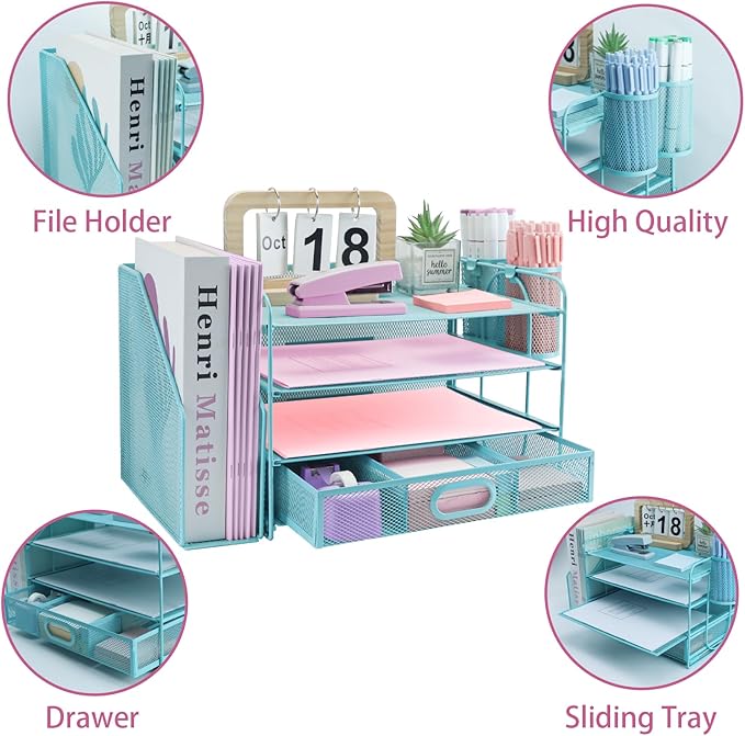 Desk Organizers and Accessories with File Holder, 4-Tier Paper Letter Tray Organiser with Drawer and 2 Pen Holder, Mesh Desktop Document Organizer for Office Supplies, Workspace - Blue