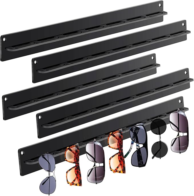 5 Pack Acrylic Sunglasses Organizer - Wall Mounted Sunglasses & Eyeglasses Holder - Hanging Eyewear Display Rack for Entryway Shelf (Black)