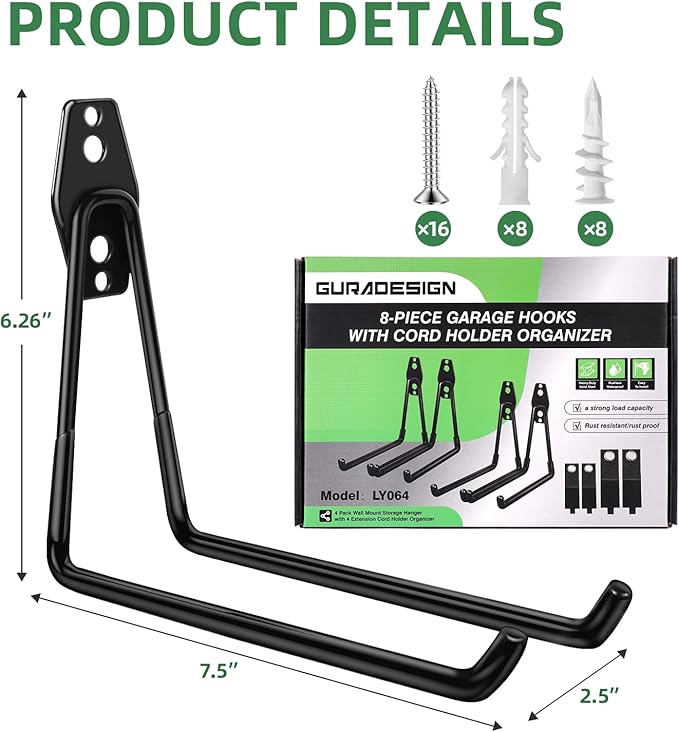 4-Piece Garage Hooks Wall Mount Storage Hanger with 4 Extension Cord Holder Organizer, Heavy-Duty Steel, 7.5 inch Ladder Hooks for Garage Wall
