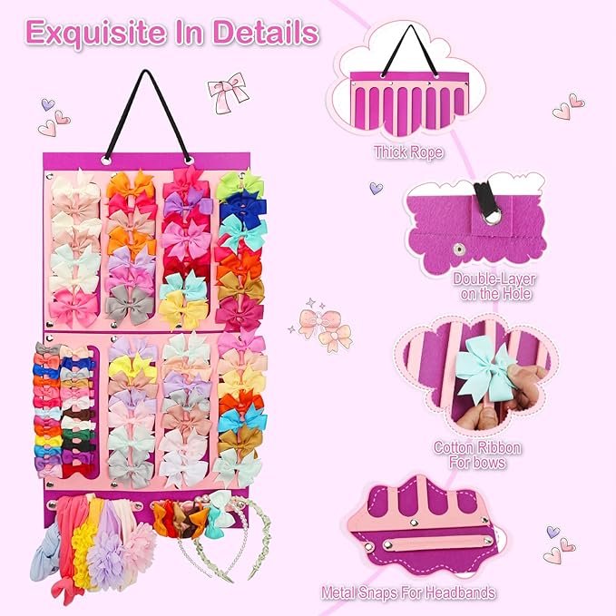 Vimiv Hair Bows Holder & Organizer w/Large Capacity, 16 Ribbons, Bows Organizer, Baby Hair Accessory Storage Display w/Sturdy Rope, Wall Hanging for Girl Room-Purple