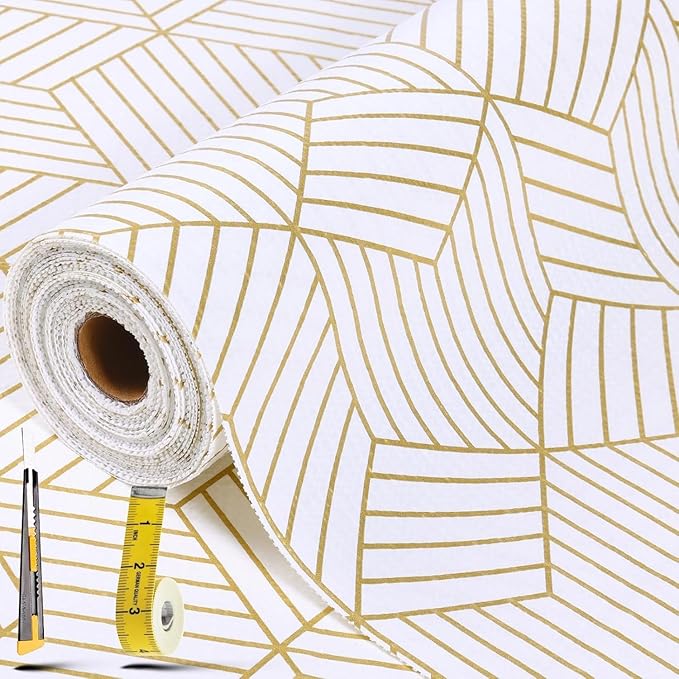 Shelf Liners for Kitchen Cabinets 12in x 40FT, Non Adhesive Cabinet Liner Strong Non-Slip Thickened Gold Geometric Drawer Liner, Easy to Clean for Shelf, Cabinet with Knife and Tape Measure