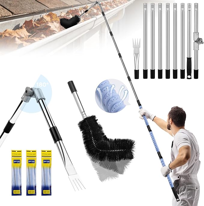11.8FT Gutter Cleaning Tools From the Ground, No Ladder Needed - Adjustable Gutter Cleaner Pole with Replaceable Brush & Shovel for Roof Rain Gutters Cleans Leaves and Debris with Grip Tapes