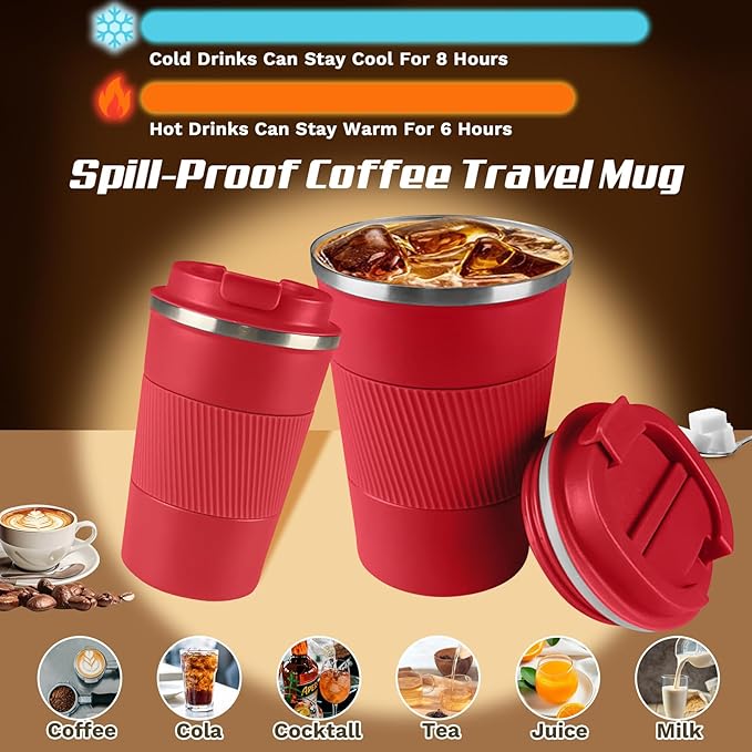 Vacuum-Insulated Stainless Steel Travel Coffee Mug, Leak-Proof Reusable Coffee Cup with Lid - Keep Hot & Cold Drinks for Hours, Durable Insulated Tumbler for Men & Women(3rd-Red, 17OZ)