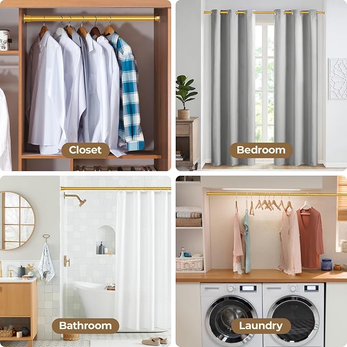 Mavivegue Closet Rod, 17 to 70 Inch Gold Adjustable Closet Rods for Hanging Clothes, Hanging Rod for Closet Wardrobes Laundry RV, Bathroom