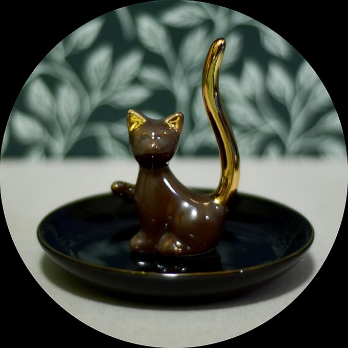 Brown Glazed Plated Gold Ceramic Elegant Engagement Wedding Cat Ring Trinket Dish