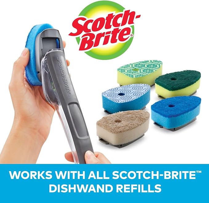 Scotch-Brite Advanced Soap Control Non-Scratch Dishwand Kit, 1 Dish Wand & 5 Sponge Refills, Prevents Leaking, Leak-Free Guarantee, Best for Nonstick Pots and Pans, Glass, Tubs, & Showers
