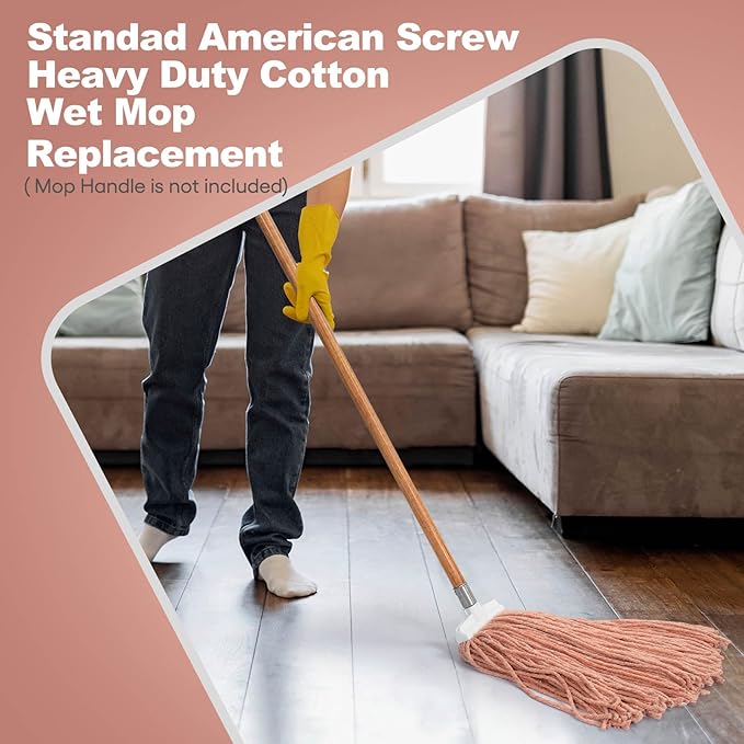 Matthew Cleaning Screw-on Heavy Duty Cotton Wet Mop Replacement Heads(Orange, Large,6 Pack) with 2 Pack Microfiber Cloth for Residential & Commercial Floor Cleaning Use- Fit Standard American Screw