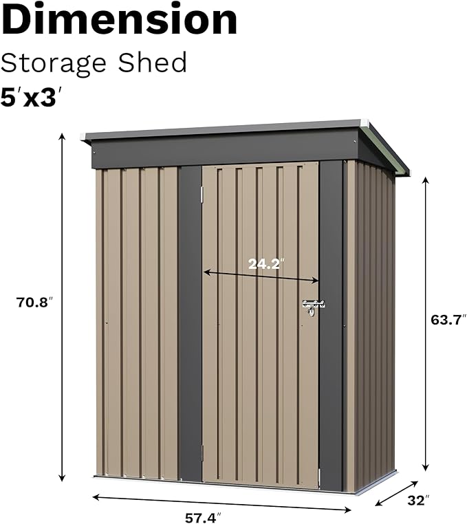 JUMMICO Metal Outdoor Storage Shed 5 x 3 FT Metal Shed with Lockable Door,Waterproof Garden Tool Shed Storage House for Backyard Patio Lawn, Brown