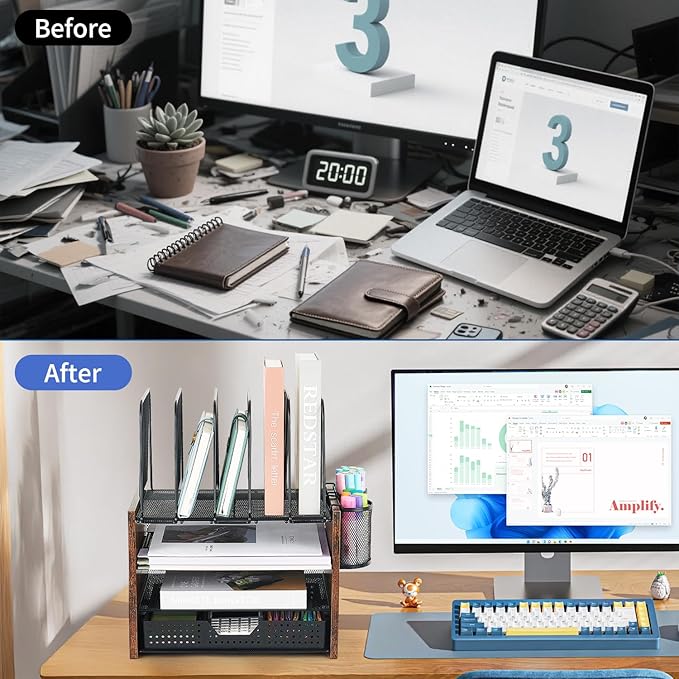 AUPSEN Desk Organizer with 5 Vertical File Holders, Storage Drawer & 2 Pen Holders, 5 Trays Paper Letter Tray Organizer, Mesh Desk Organizers and Accessories for Home Office (Black)