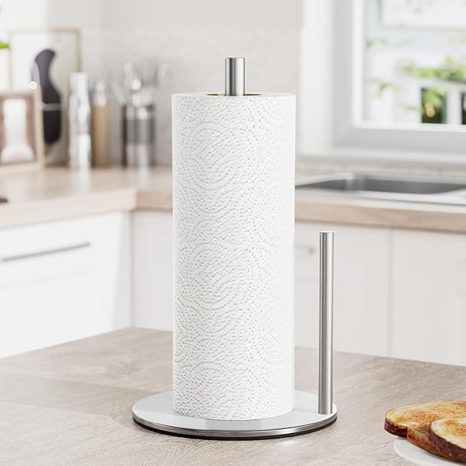 Paper Towel Holder Silver, Premium Stainless Steel Kitchen Roll Dispenser, Countertop Roll Organizer with Weighted Base