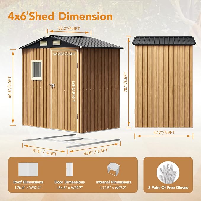 6X4FT Garden Storage Shed with Frame Floor & Lockable Door,Steel Tool Shed with 1 Clear Window, Anti-Corrosion Metal Shed for Backyard Patio Lawn (Light Wood Grain)