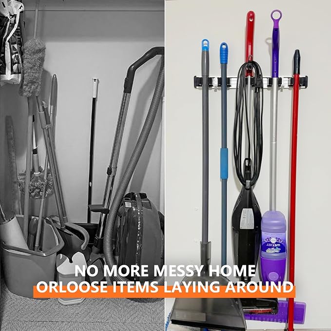 reliahom Broom Holder Wall Mount, 4 Racks with 5 Hooks Black - Mop Storage Tool Racks, Broom Hanger Tool Organizer for Garage, Kitchen, Garden, Laundry Room