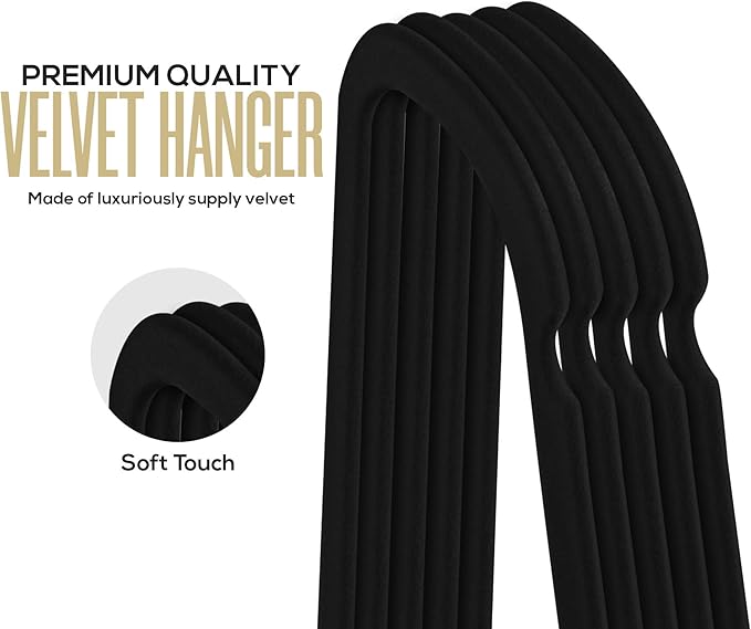 Utopia Home Premium Velvet Hangers 50 Pack - Non-Slip Clothes Hanger with Tie Bar - Black Hangers with 360 Degree Rotatable Hook - Heavy Duty Coat Hanger
