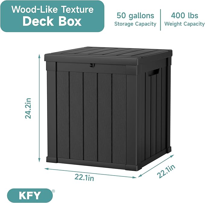 50 Gallon Waterproof Resin Deck Box, UV Resistant Outdoor Storage for Garden, Patio, Porch, Delivery（Black，50 Gallon）