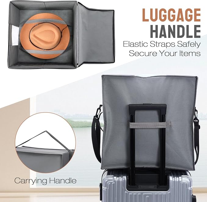 2 Pcs Hat Storage Box Upgrade Stackable Organizer with Lids Cowboy Hat Box Large Square Bag Foldable Closet Sheet Organizer Travel Container for Men Women(Grey)