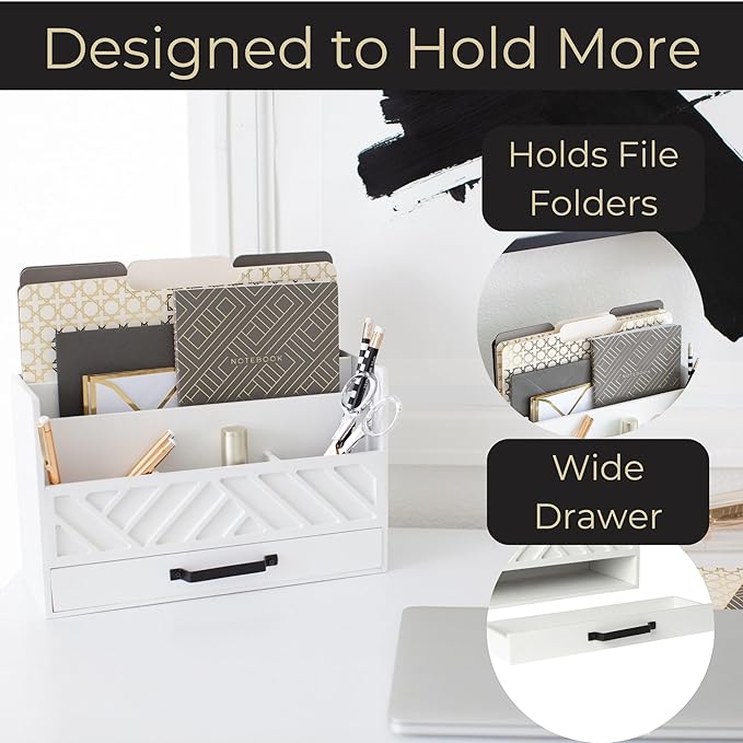 BLU MONACO | Wooden Mail Organizer with Drawer | Mail Organizer Wood Desktop Storage | Tabletop Organizer with Drawers White Farmhouse Desk Sorter
