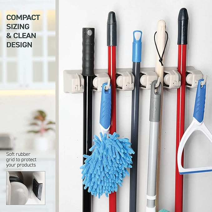 Mop and Broom Holder Wall Mount 2 Pack - Garage Storage Organizer with 5 Slots, 6 Hooks, 7.5lbs Capacity Per Slot - Home, Kitchen, Closet, Laundry Room Organization – Off-White Broom Hanger